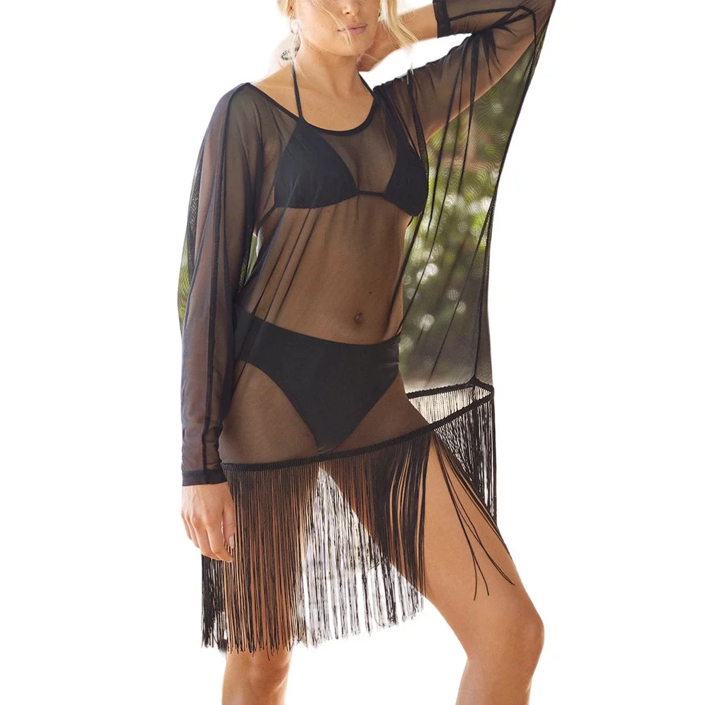 Venus Black Sheer Fringed Long-Sleeve Cover-Up Size 1X/2X - Picture 1 of 5